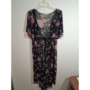 Liberty Love Sheer Cardigan Mesh Cover Up Floral Boho Cottage Summer Black 2XL